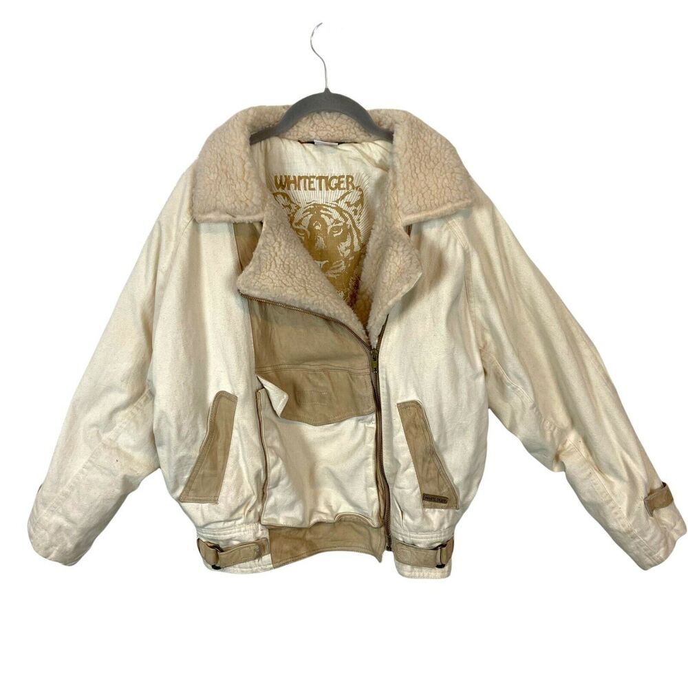 Bomber Jacket 80s Vintage White Tiger Cream Tan Oversized Colorblock Size S